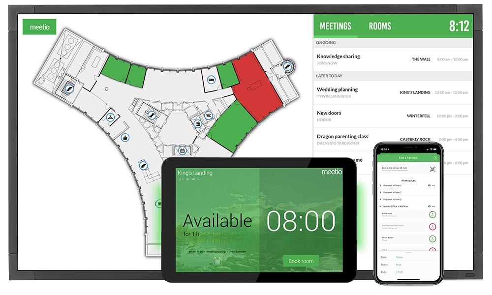 Desk booking, room booking, wayfinding