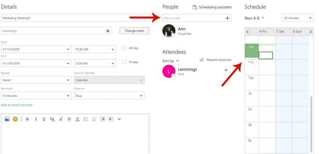 Guide Outlook add people and check availability