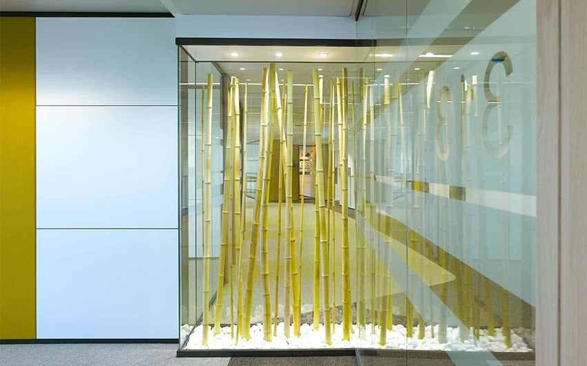 Art installation in large glass showcase box in Wabco corridors