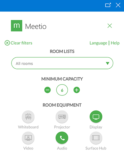 Meetio Personal add-in filter on capacity and equipment